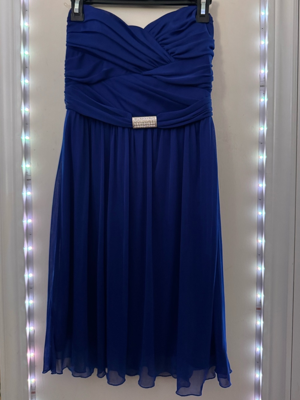Le Chateau Strapless Royal Blue Chiffon Dress with Rhinestone Accent